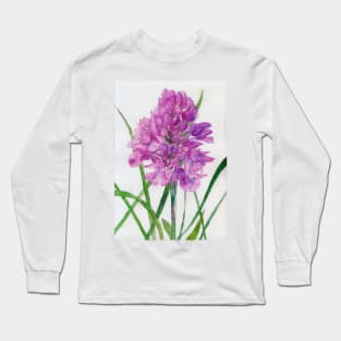 Pink wild orchid watercolour painting Long Sleeve T-Shirt